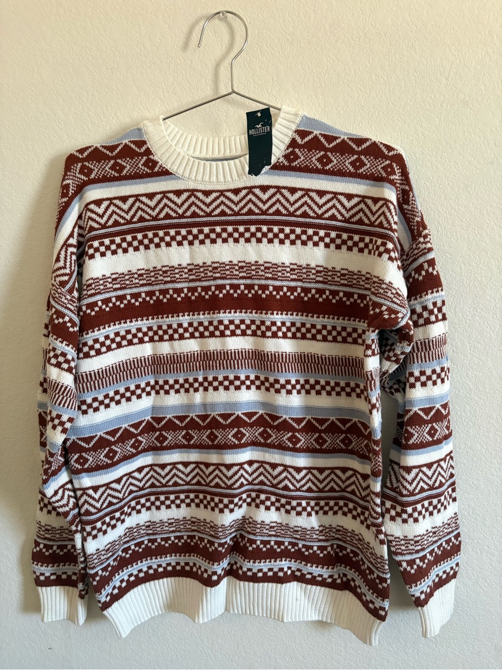 Hollister Rust & White Fair Isle Crewneck Sweater
